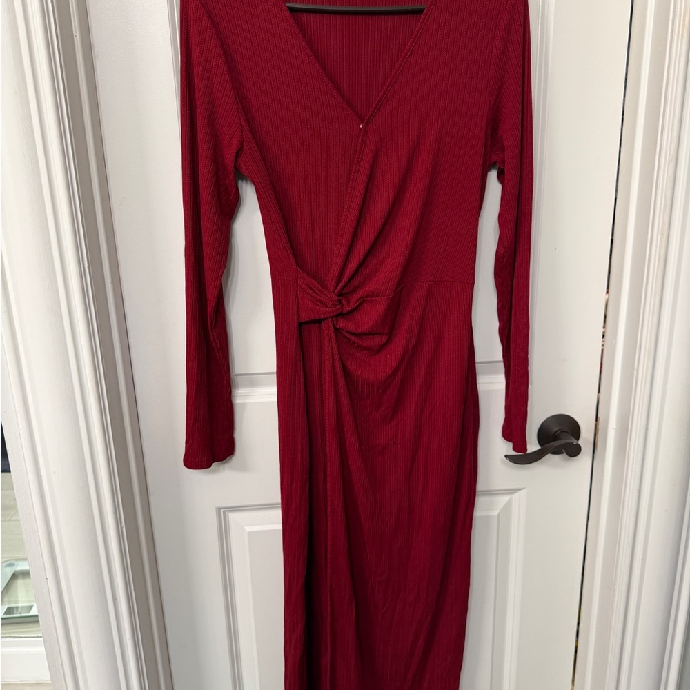 Long Sleeve Twist-Front V-Neck Dress in Deep Red